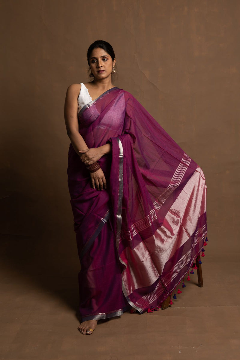 ETERNAL PURPLE FLOWER | HANDLOOM PURPLE COTTON SAREE WITH ZARI BORDER