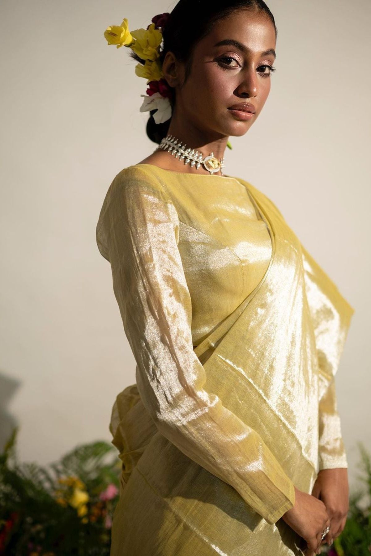 Buttercup Spice I Neon Olive Tissue Saree