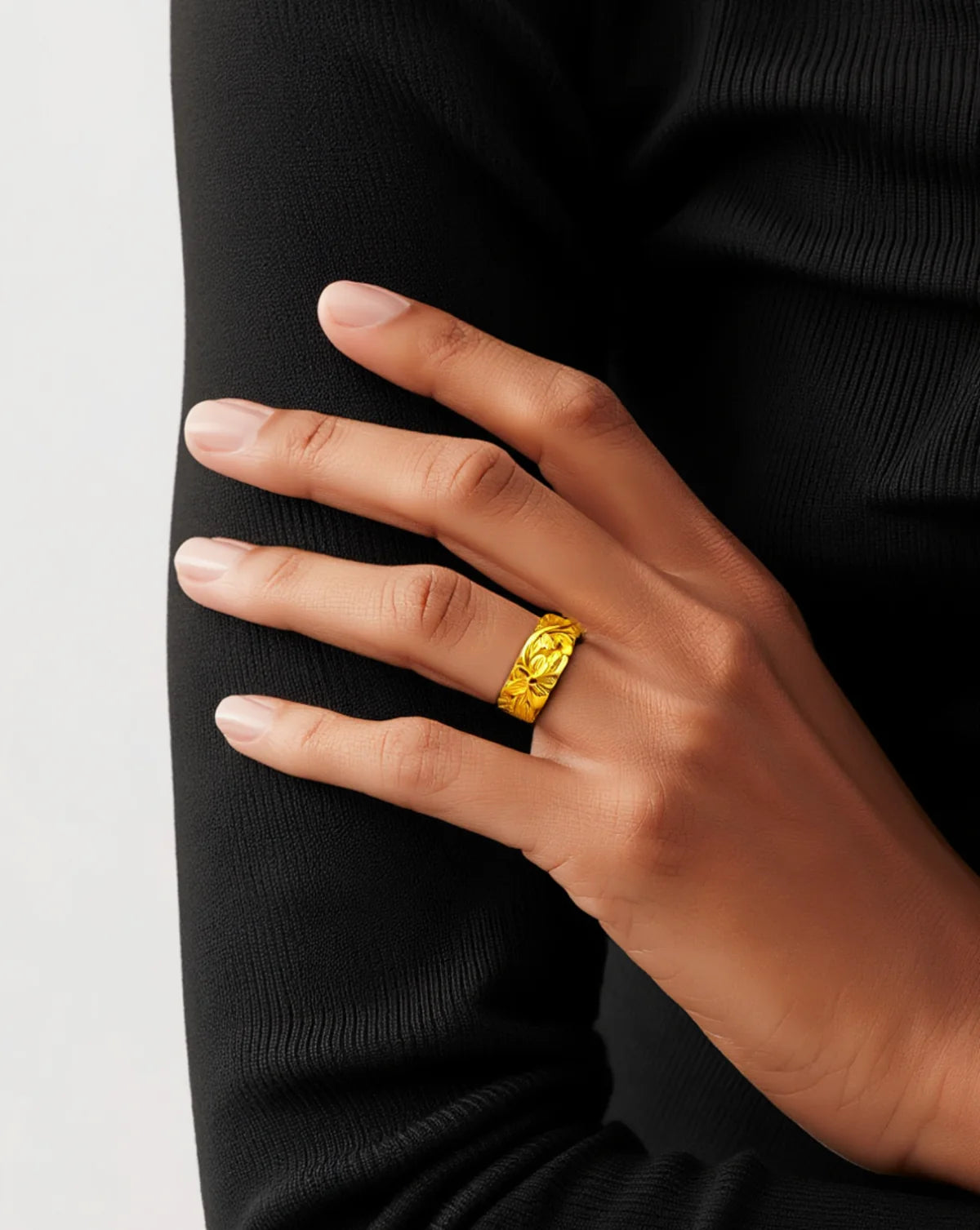 Floral Engraved Band — handcrafted wide sterling silver band with floral engraving, artisan ethical jewelry Akaar