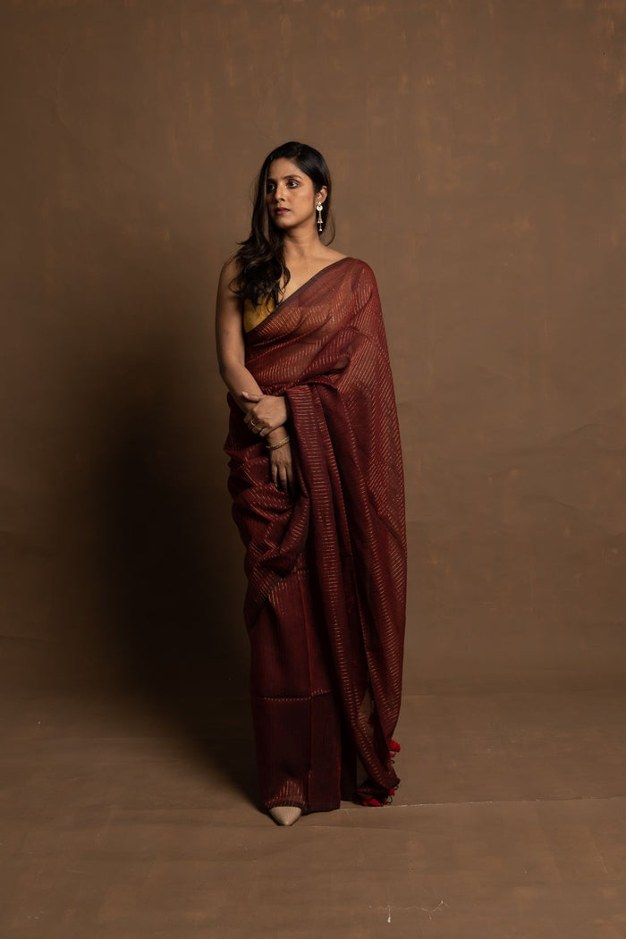 Maroon Love Story I Maroon Cotton  Saree With Zari Stripes