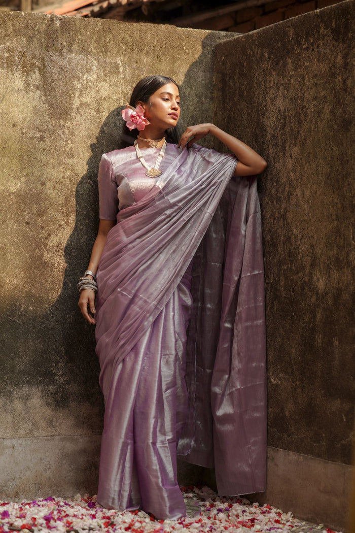 Lilac Lily I Pastel Purple Handloom Tissue Saree