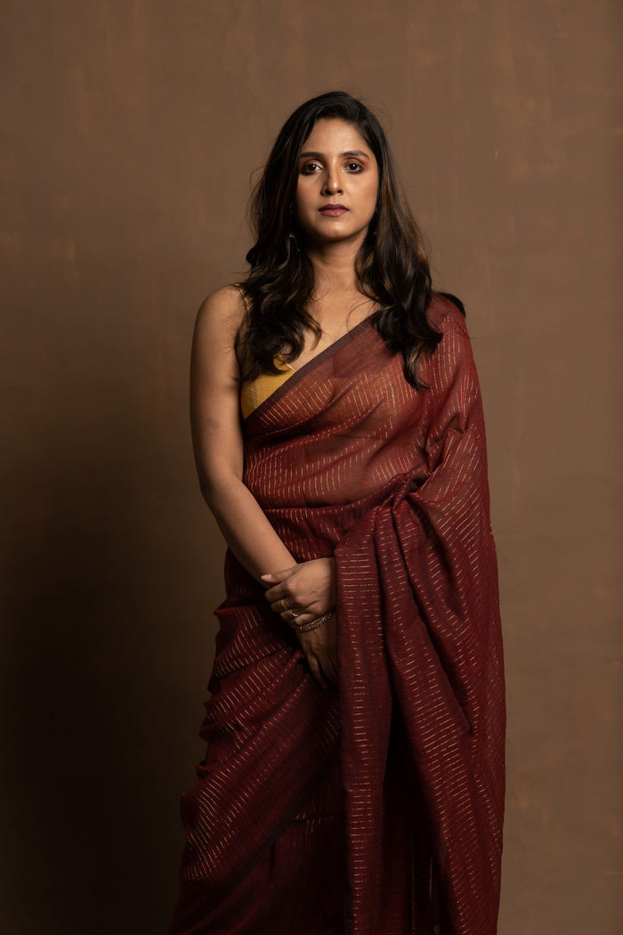 Maroon Love Story I Maroon Cotton  Saree With Zari Stripes
