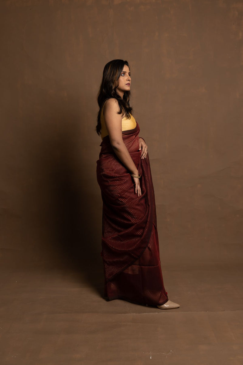 MAROON LOVE STORY I MAROON COTTON SAREE WITH ZARI STRIPE