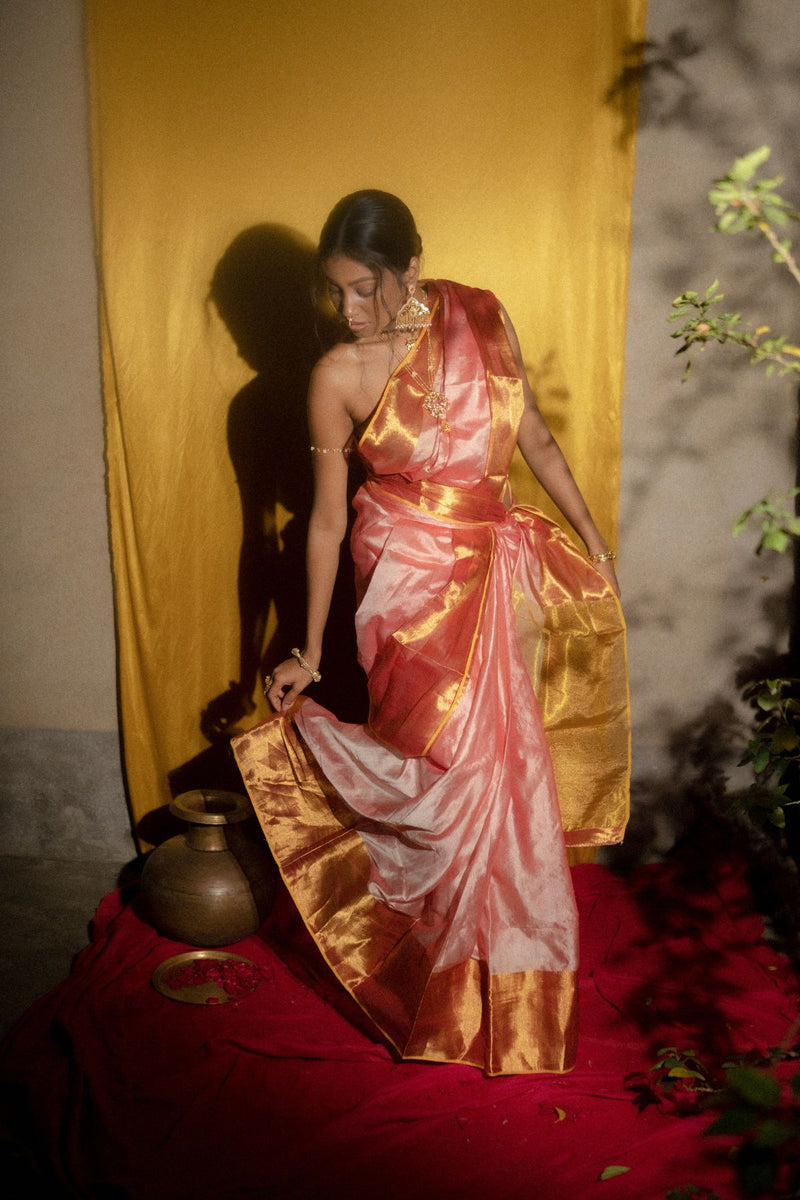 Mohini I Pastel Pink Handloom Mulberry Silk Saree With Zari Border