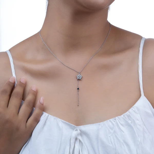 Falling Petals Necklace — recycled silver delicate petal charm necklace side view, artisan jewelry Mitti Lifestyle
