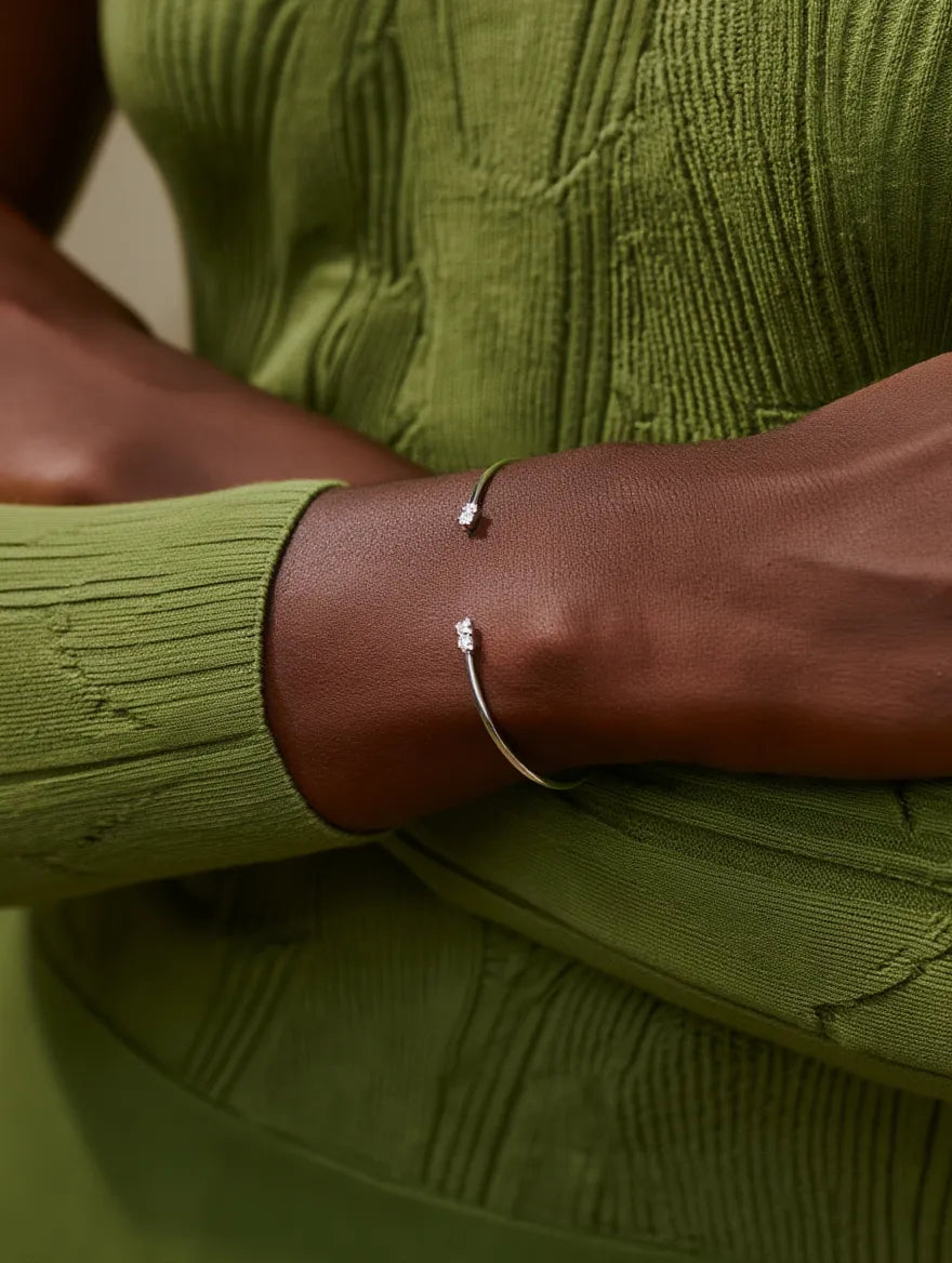 Dual-Cluster Open Cuff — artisan silver open bangle with dual crystal accents, side view ethical jewelry