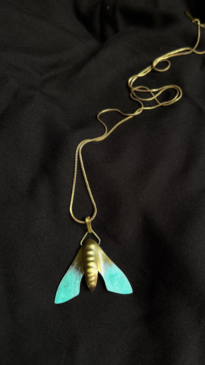 Hawkmoth Pendant Teal by Dookdi — handcrafted sculptural teal hawkmoth pendant, artisan nature jewelry Mitti Lifestyle