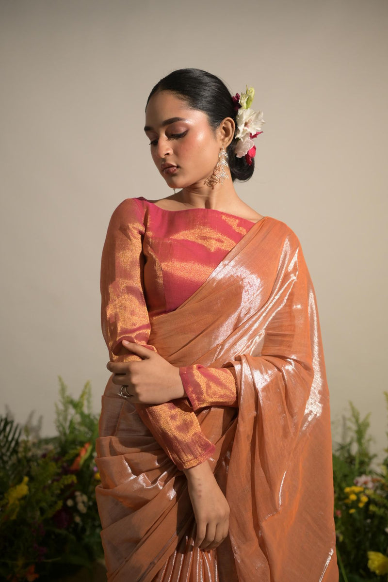 Gulmohar  Mirage I Neon Orange Tissue Saree