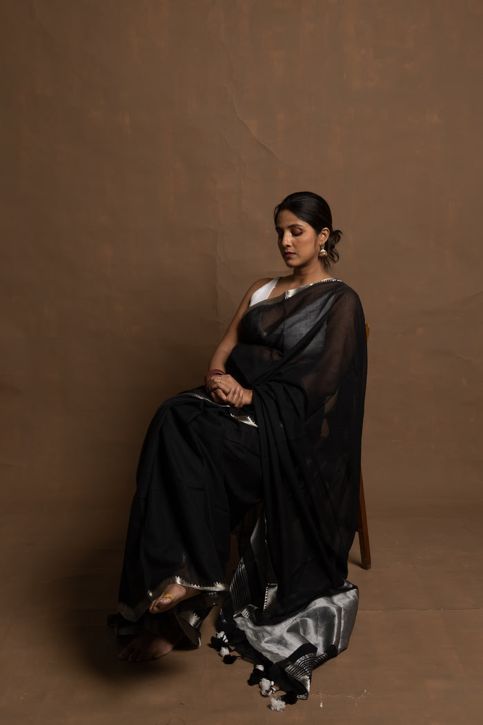 Black Beauty I Black Handloom Cotton Saree With Silver Zari Border