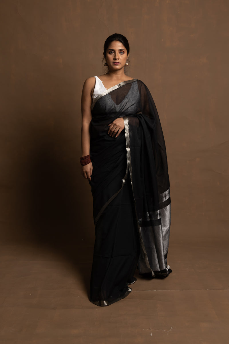 Black Beauty I Black Handloom Cotton Saree With Silver Zari Border