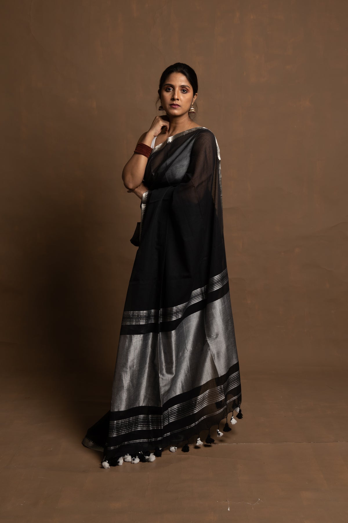 Black Beauty I Black Handloom Cotton Saree With Silver Zari Border