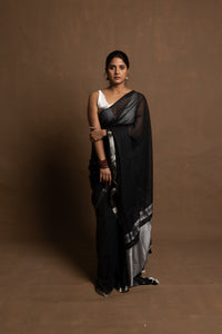 Black Beauty I Black Handloom Cotton Saree With Silver Zari Border