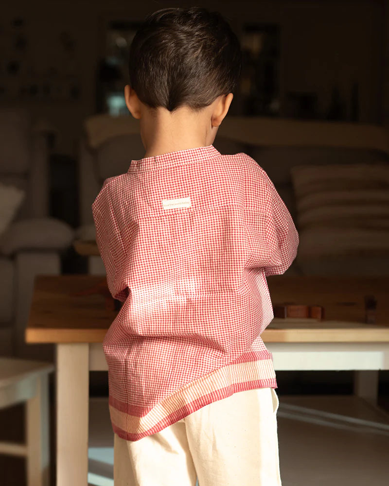 ‘Barefoot Boy’ mandarin collar red handwoven checks full sleeve cotton shirt