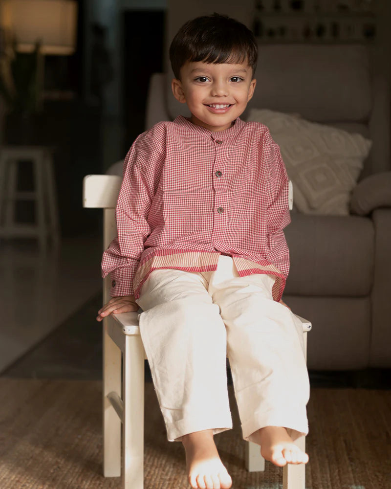 ‘Barefoot Boy’ mandarin collar red handwoven checks full sleeve cotton shirt