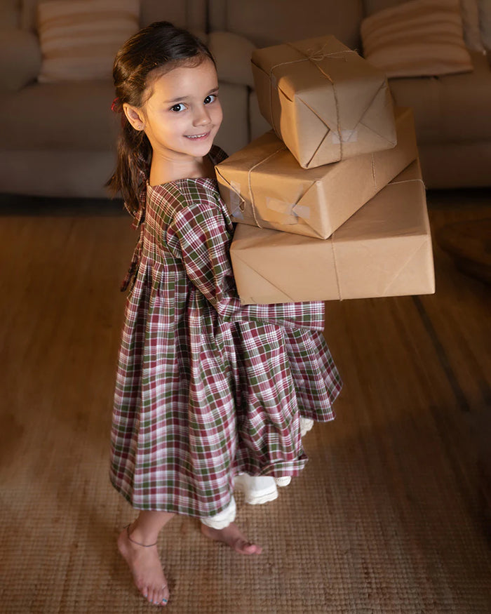 'Day Dreamer' pleated dress in red and green handwoven cotton checks