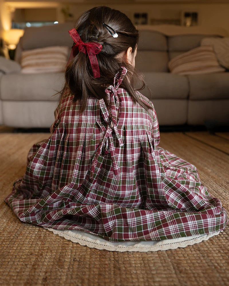 'Day Dreamer' pleated dress in red and green handwoven cotton checks