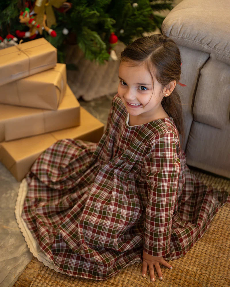'Day Dreamer' pleated dress in red and green handwoven cotton checks