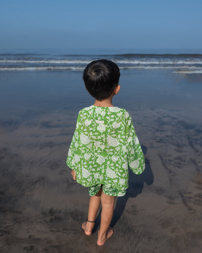 ‘Shared secrets’ kids green floral hand block print coord set