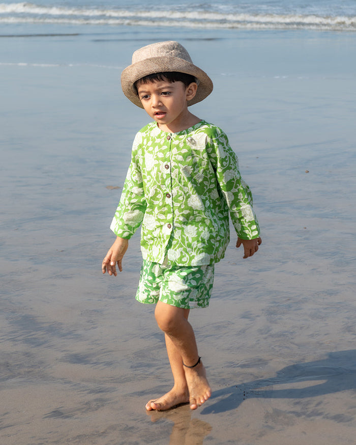 ‘Shared secrets’ kids green floral hand block print coord set