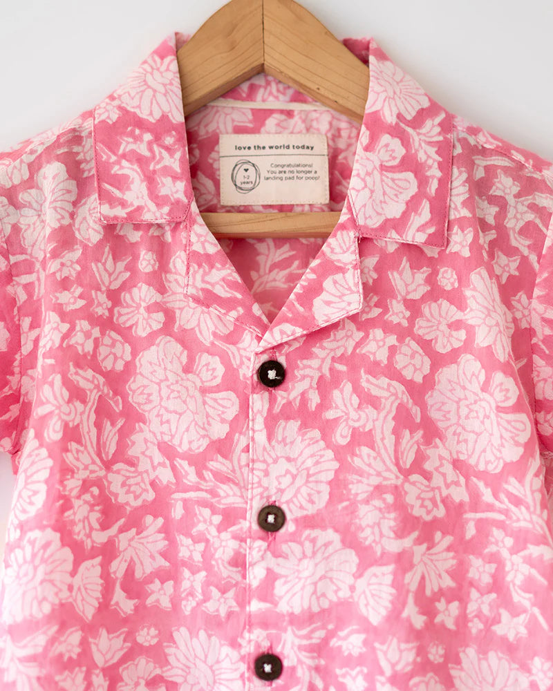 ‘Groove’ pink floral hand block print boys shirt