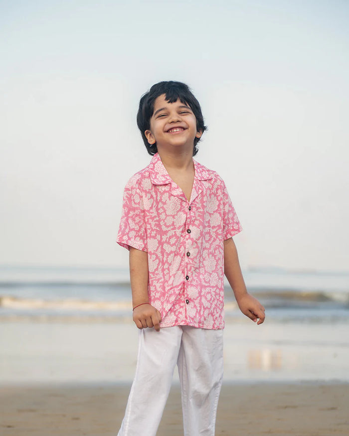 ‘Groove’ pink floral hand block print boys shirt