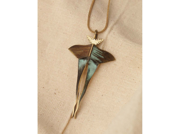 Chained Luna Moth Dookdi — close-up of luna moth pendant texture, handcrafted artisan sculptural nature jewelry