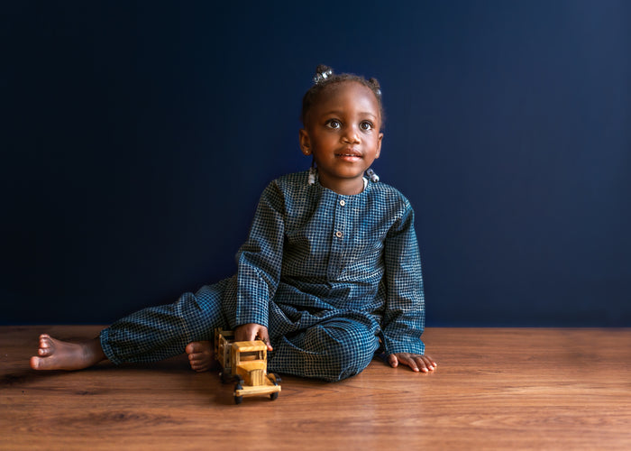 Organic Cotton Unisex Co-ord Set - Indigo Checks Kurta and Pajama Pants