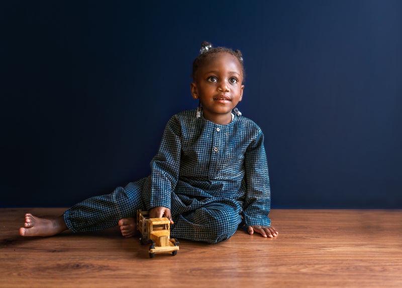 Organic Cotton Unisex Co-ord Set - Indigo Checks Kurta and Pajama Pants