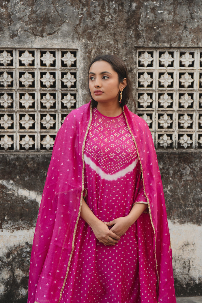 Pink Chanderi Bandhej Abha with Dupatta