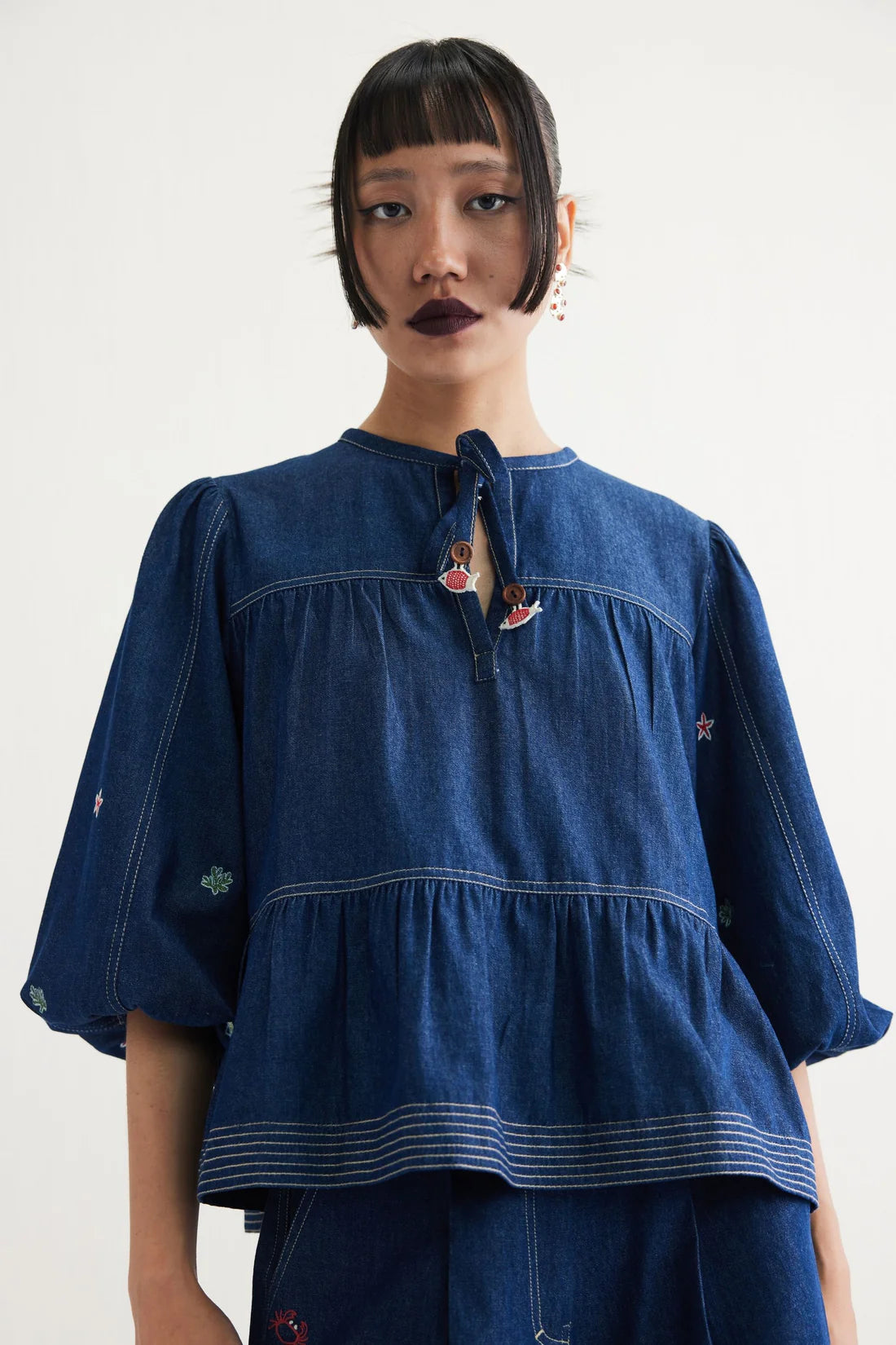 Deep Sea sustainable denim peplum top women's artisan India ethical handcrafted Mitti Lifestyle