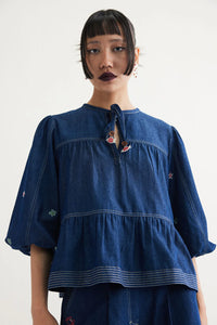Deep Sea sustainable denim peplum top women's artisan India ethical handcrafted Mitti Lifestyle