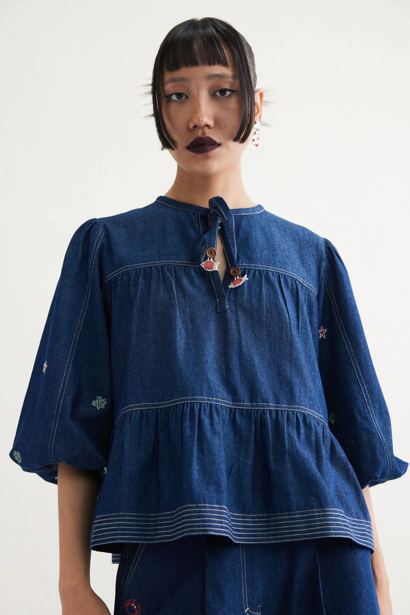 Deep Sea sustainable denim peplum top women's artisan India ethical handcrafted Mitti Lifestyle