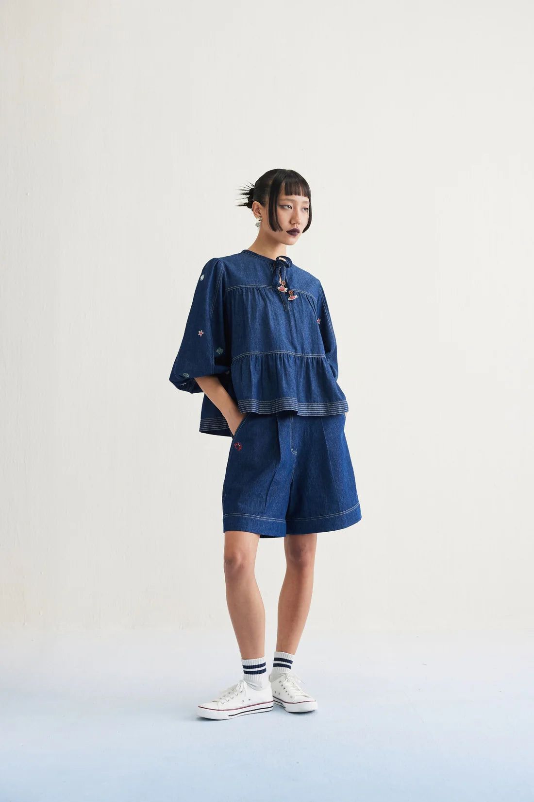 Deep Sea sustainable denim peplum top fourth view artisan India Mitti Lifestyle