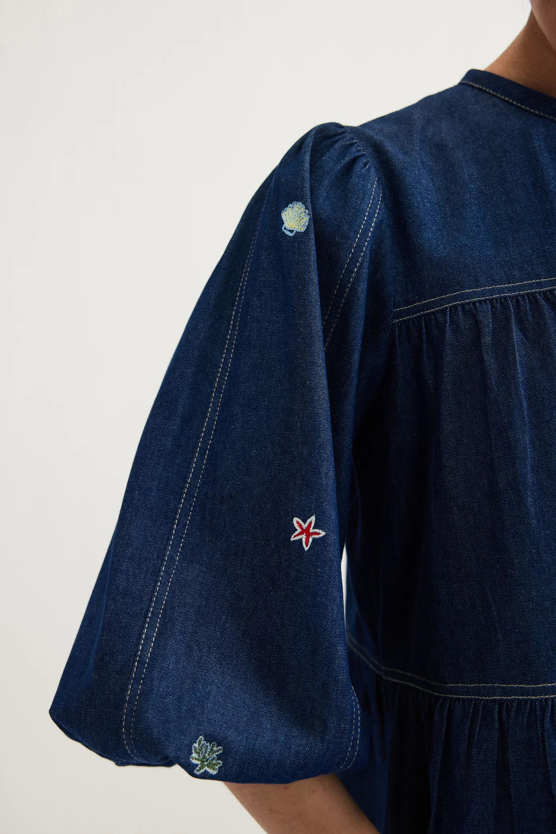 Deep Sea sustainable denim peplum top fifth view artisan India Mitti Lifestyle
