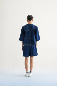 Deep Sea sustainable denim peplum top eighth view artisan India Mitti Lifestyle