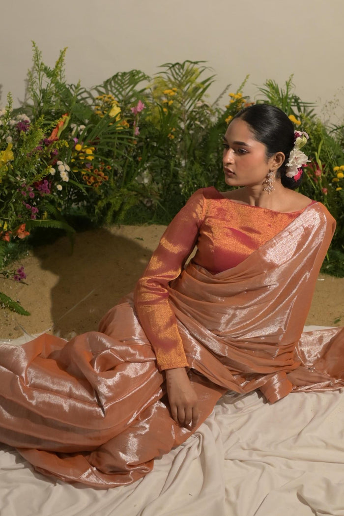 Gulmohar  Mirage I Neon Orange Tissue Saree