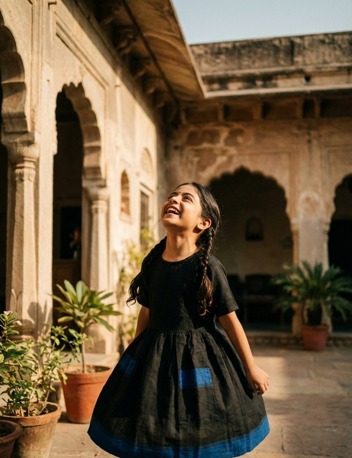 Young girl in a black and blue dress standing in a sunlit.