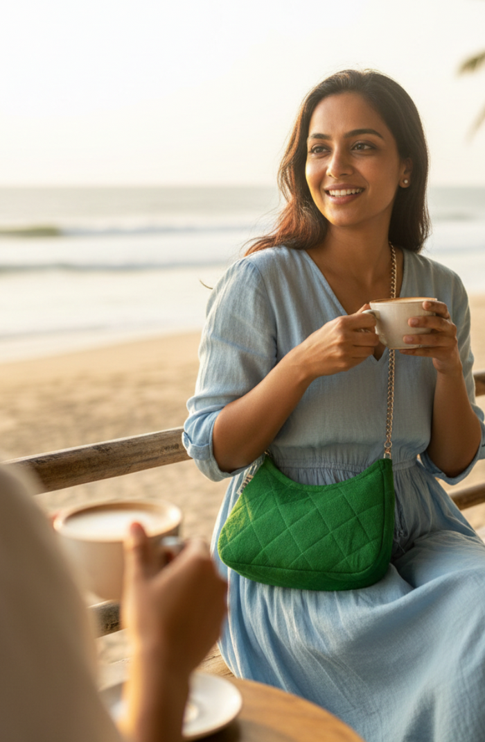 Woman sitting on a beachside bench holding a cup, with another person partially visible.