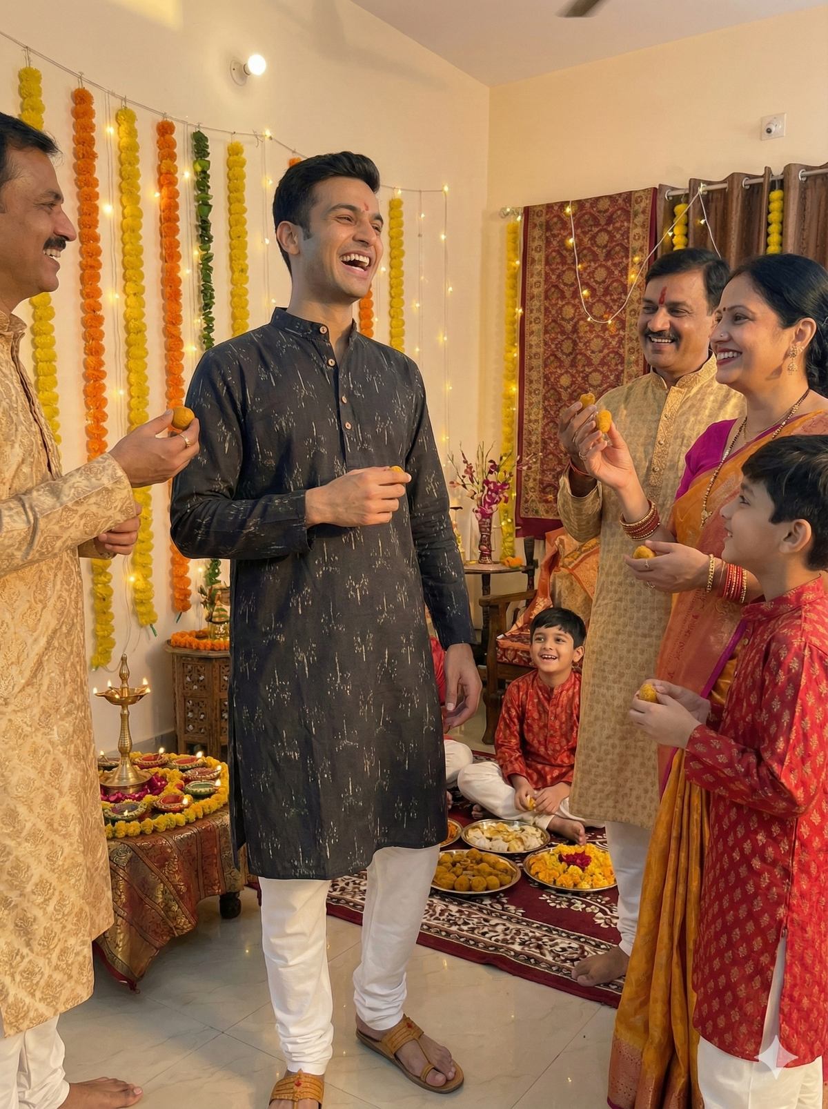 Family celebration with traditional attire in a decorated room.