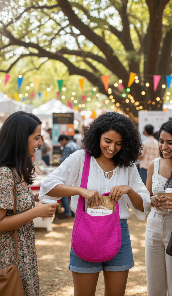 women with a pink jhola bag, socializing at an outdoor event with colorful flags and tents in the background.