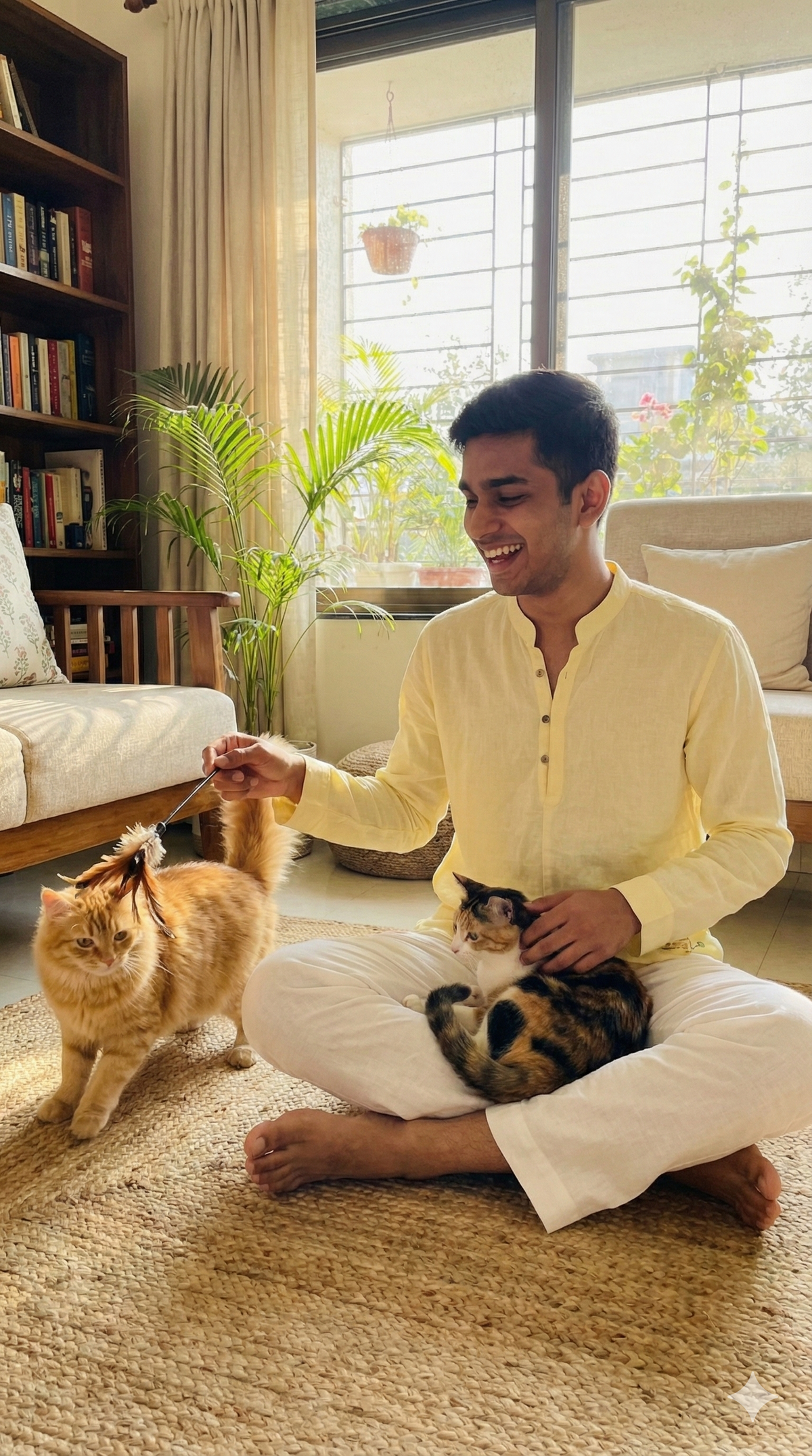 Man sitting with a yellow cat embroidery on a rug with two cats in a cozy living room.