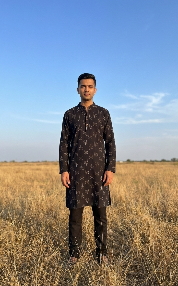 Man in a black ikat kurta standing in a field with a clear blue sky