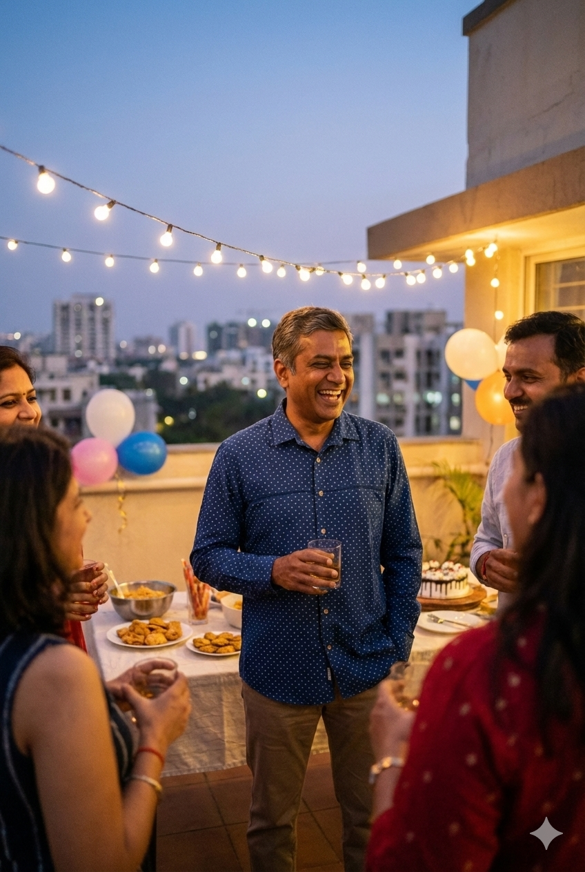 a man in indigo blue dotted shirt and a group of people enjoying a rooftop party with string lights and balloons.