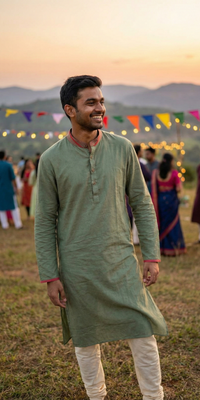 Man wearing a kala cotton shirt with a relaxed fit and natural textured fabric.