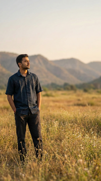 Men’s khadi cotton shirt featuring breathable handspun fabric and a relaxed silhouette.