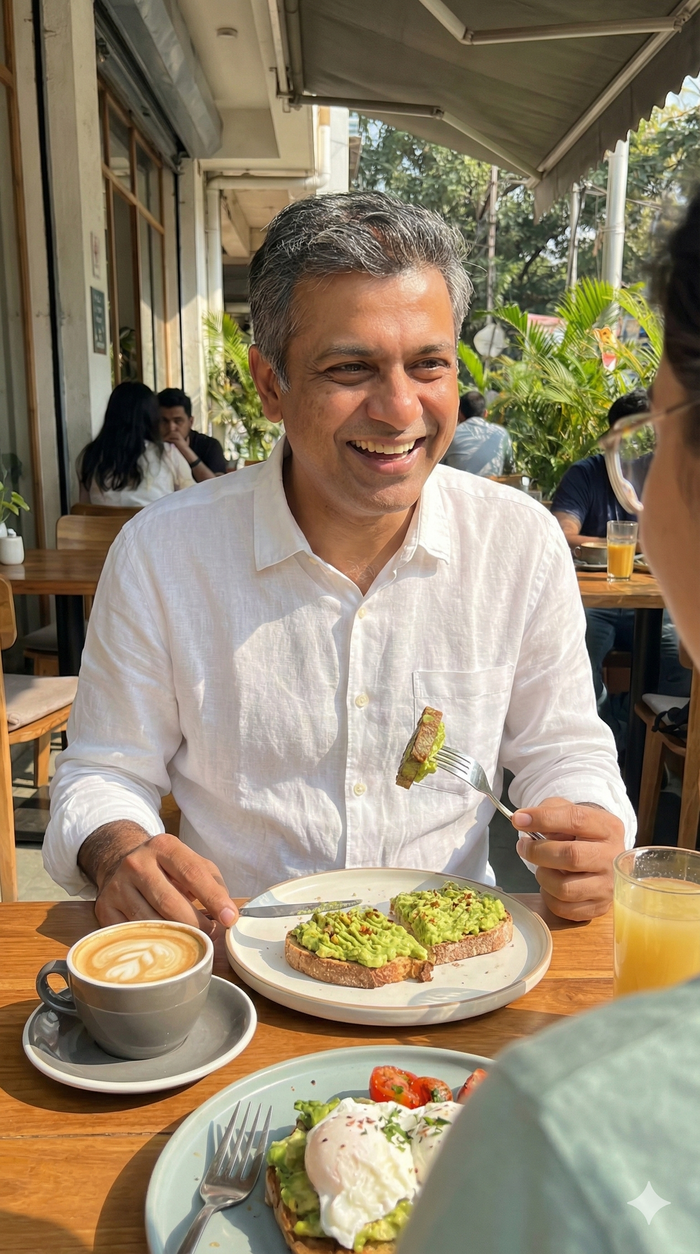 Man wearing white linen shirt sitting at a table with avocado toast and coffee, smiling outdoors.