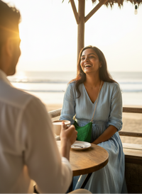 Woman with a green quilted sling bag,  sitting at a table by the sea, smiling and talking to someone off-camera.