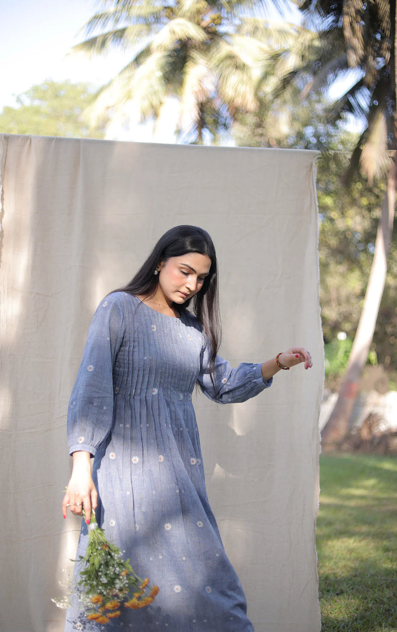 Soft Blue Midi Dress handwoven artisan India Mitti Lifestyle conscious fashion