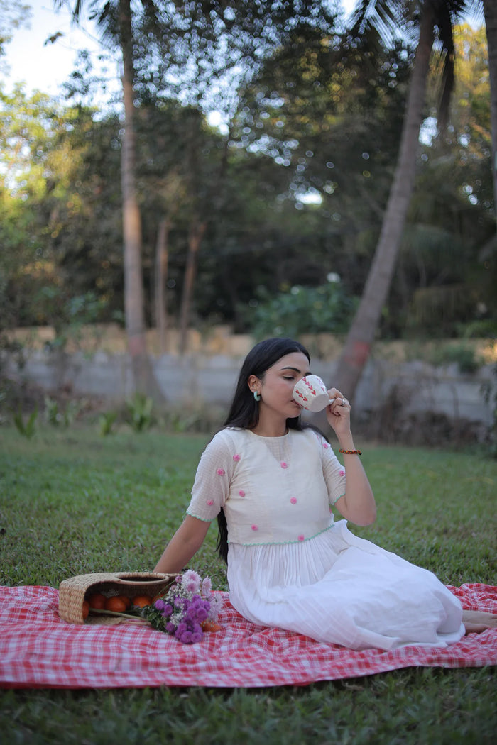 Cream Jamdani Midi Dress with Shrug