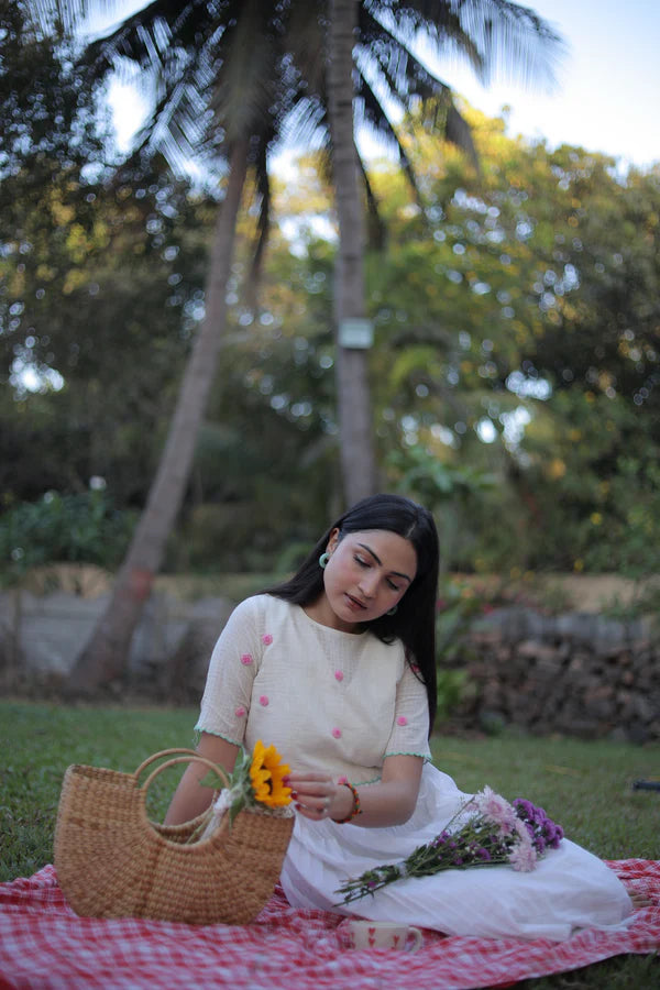 Cream Jamdani Midi Dress with Shrug third view handwoven artisan India conscious